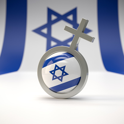 Female symbol with Israeli flag background.