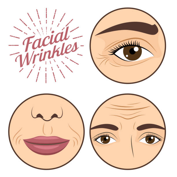 ilustrações de stock, clip art, desenhos animados e ícones de young woman facial wrinkles troubles for anti wrinkle process cream vector illustration - wrinkles eyes