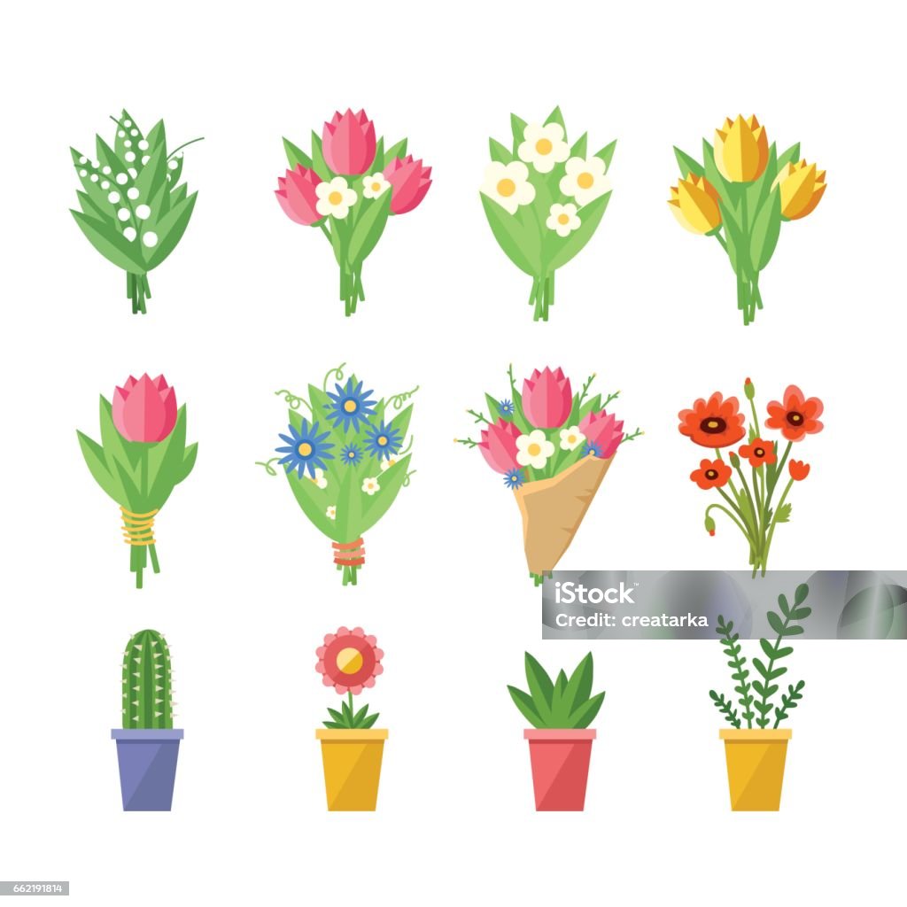 Flowers bouquets set. Flowers bouquets set. Tulips, poppies, chamomile, lilies of the valley, plants. Vector colorful illustration isolated on white Bouquet stock vector