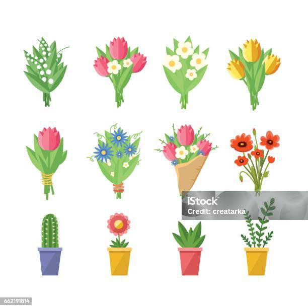 Flowers Bouquets Set Stock Illustration - Download Image Now - Bouquet, Flower, Bunch of Flowers