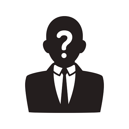 Anonymous user icon, black silhouette of man in business suit with question mark on face. Profile picture vector illustration.