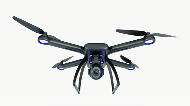 istock drone, quadrocopter, with photo camera flying in the blue sky. 662197394