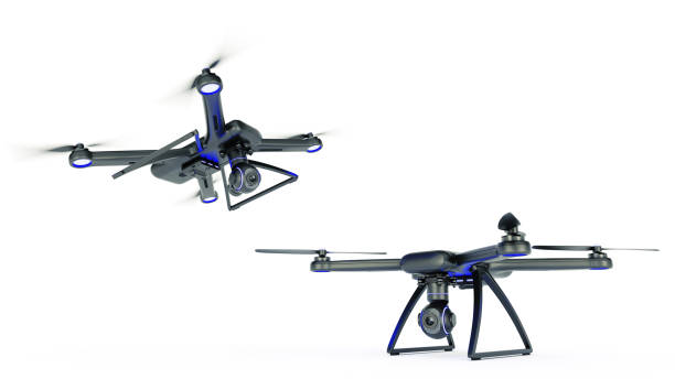 istock drone, quadrocopter, with photo camera flying in the blue sky. 662199042