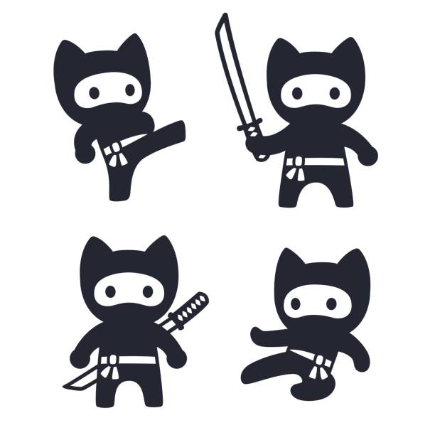 ilustrações de stock, clip art, desenhos animados e ícones de cute cartoon ninja cat set - ninja
