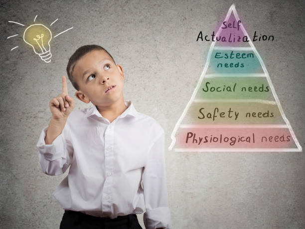 maslow's pyramid of needs. closeup portrait smart boy analyzing human needs - humanism imagens e fotografias de stock