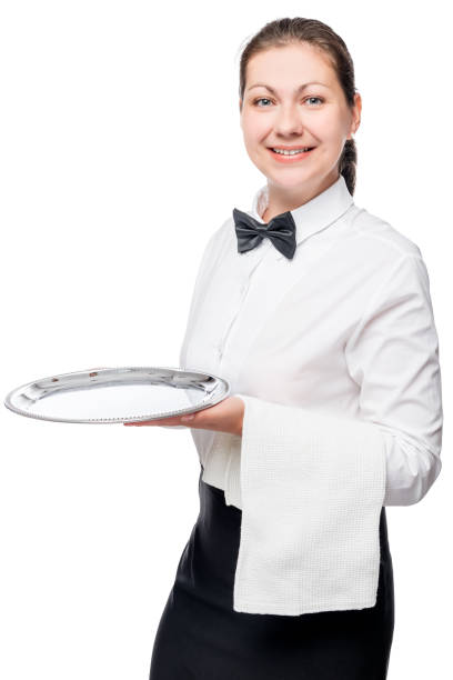 istock waitress with a tray and a towel posing on white background in studio 662279440