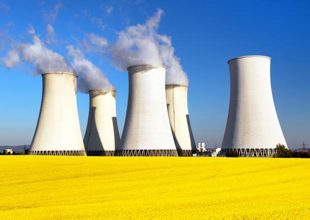 istock Nuclear power plant, cooling tower, field of rapeseed 662319536
