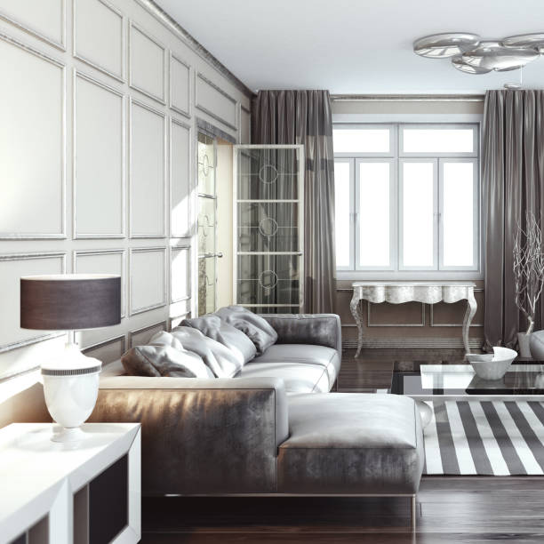 3D rendering, interior living room interior with a light sofa in classical style