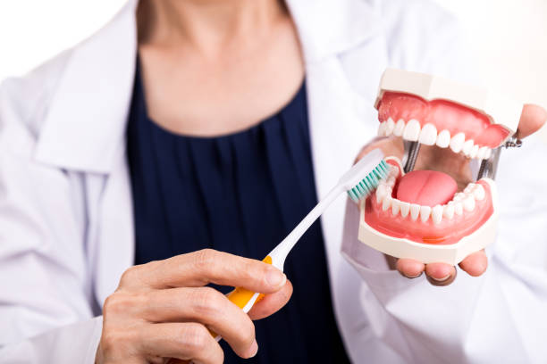 série de dentistas mostrando método correto de escovar os dentes - cerda de escova - fotografias e filmes do acervo