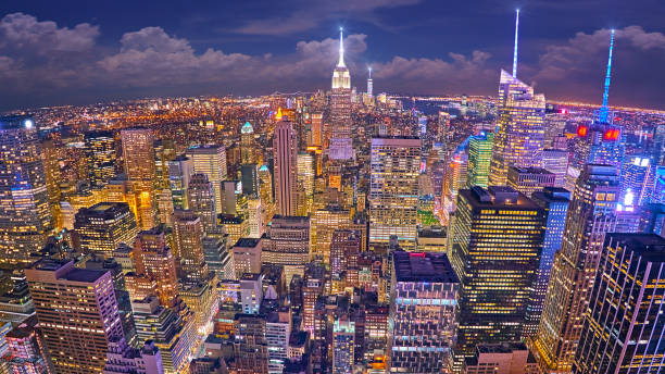 High Angle View Of Cityscape Lit Up At Night