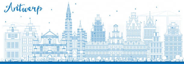 ilustrações de stock, clip art, desenhos animados e ícones de outline antwerp skyline with blue buildings. - antuerpia