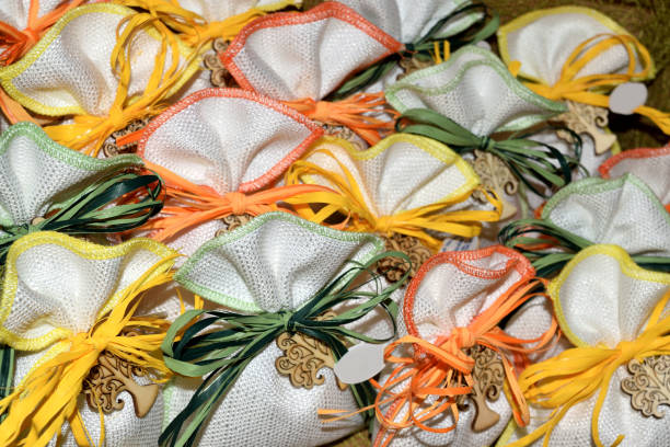Decorative textile sachet pouches on white background
