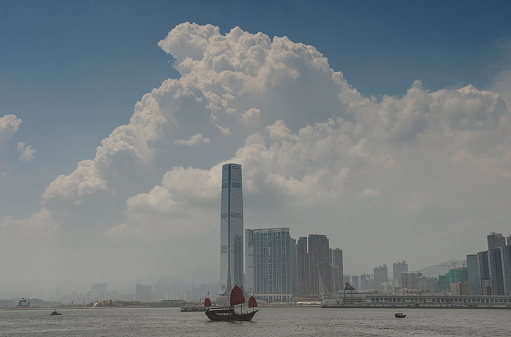 View of West Kowloon and Victoria Harbour from Wanchai, Hong Kong, with Chinese junk