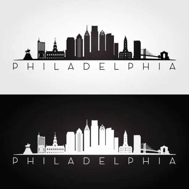 Vector illustration of Philadelphia USA skyline and landmarks silhouette, black and white design, vector illustration.