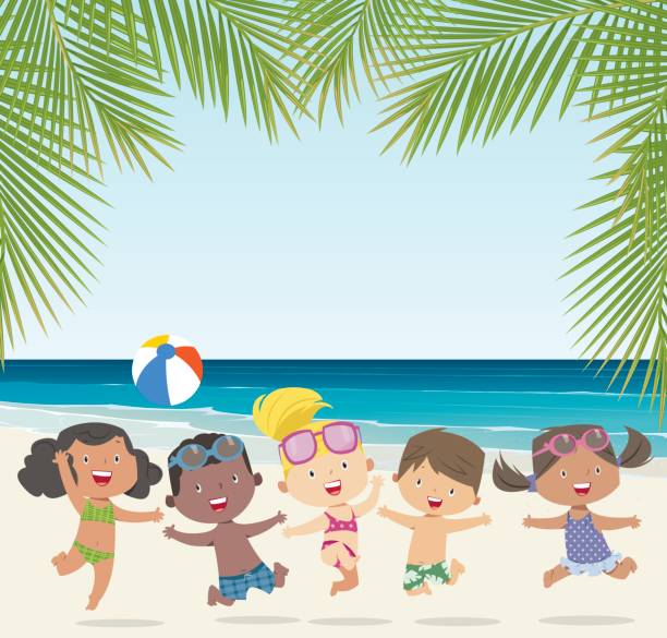glückliche sommer kinder - vector sand summer smiling stock-grafiken, -clipart, -cartoons und -symbole