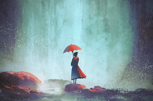 woman with an umbrella standing against waterfall, illustration painting