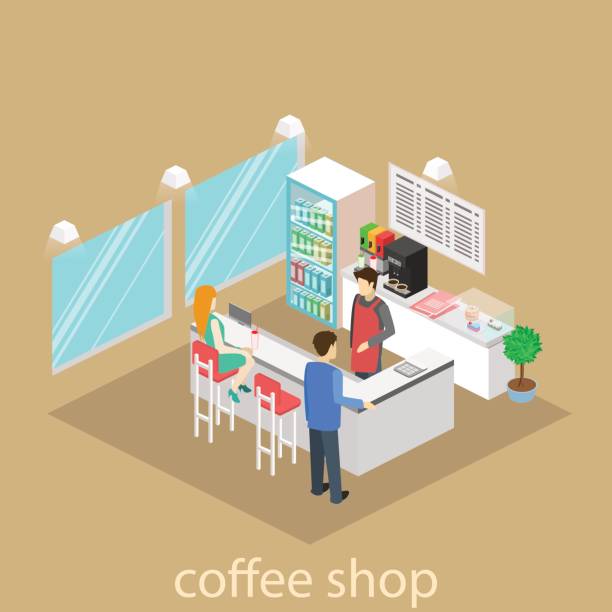 ilustraciones, imágenes clip art, dibujos animados e iconos de stock de isométrica interior de cafetería. - isometric people cafe coffee shop