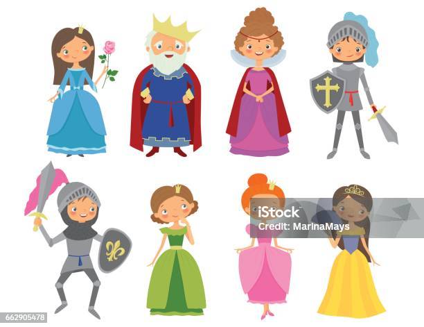 Fairy Tale King Queen Knights And Princesses Stock Illustration - Download Image Now - Princess, King - Royal Person, Knight - Person