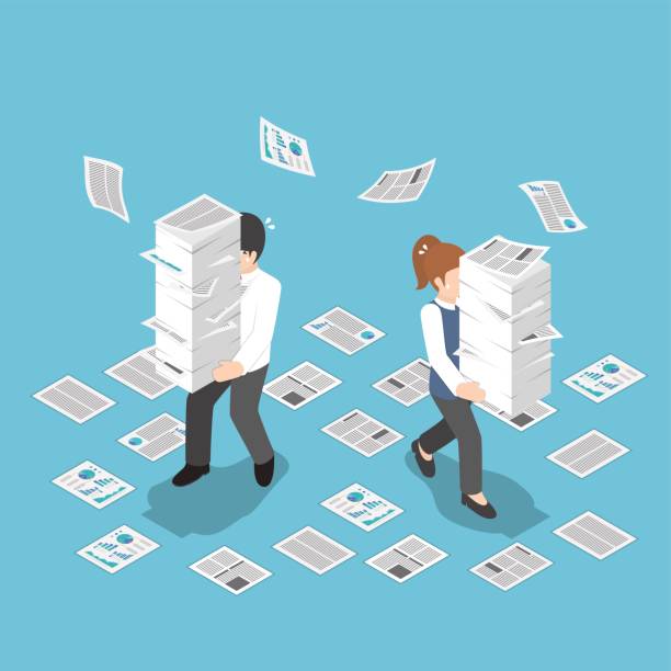 Isometric stressful businessman holding stack of paper Flat 3d isometric stressful businessman holding stack of paper, overload work and very busy concept stack of papers stock illustrations