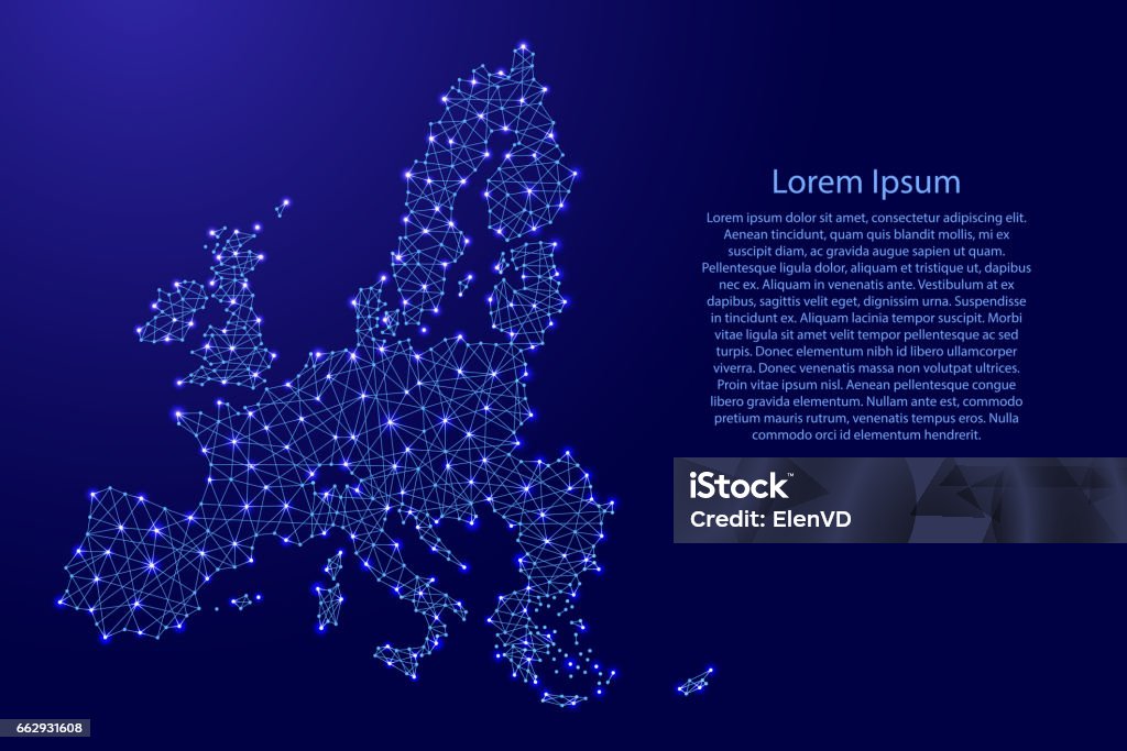 Mapa de Unión Europea de poligonales líneas azules y brillantes estrellas ilustración vectorial - arte vectorial de Europa - Continente libre de derechos