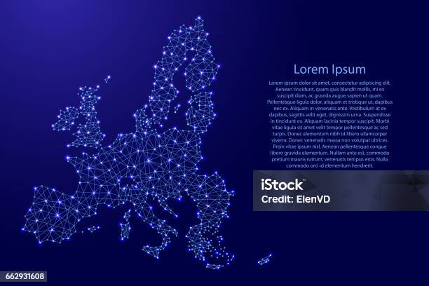Ilustración de Mapa De Unión Europea De Poligonales Líneas Azules Y Brillantes Estrellas Ilustración Vectorial y más Vectores Libres de Derechos de Europa - Continente