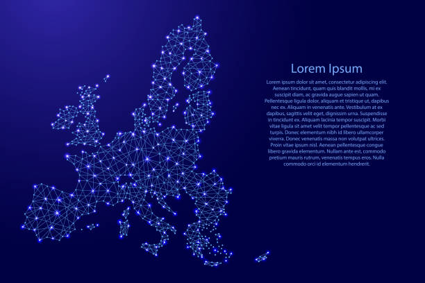 illustrations, cliparts, dessins animés et icônes de carte de l’union européenne de lignes bleues polygonales et rougeoyant étoiles illustration vectorielle - union européenne