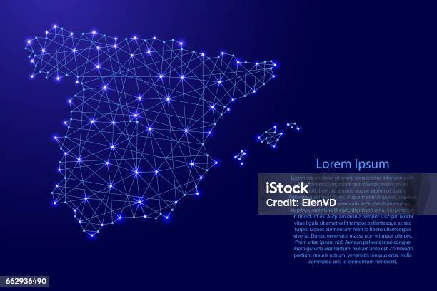 Map Of Spain From Polygonal Blue Lines And Glowing Stars Vector Illustration Stock Illustration - Download Image Now