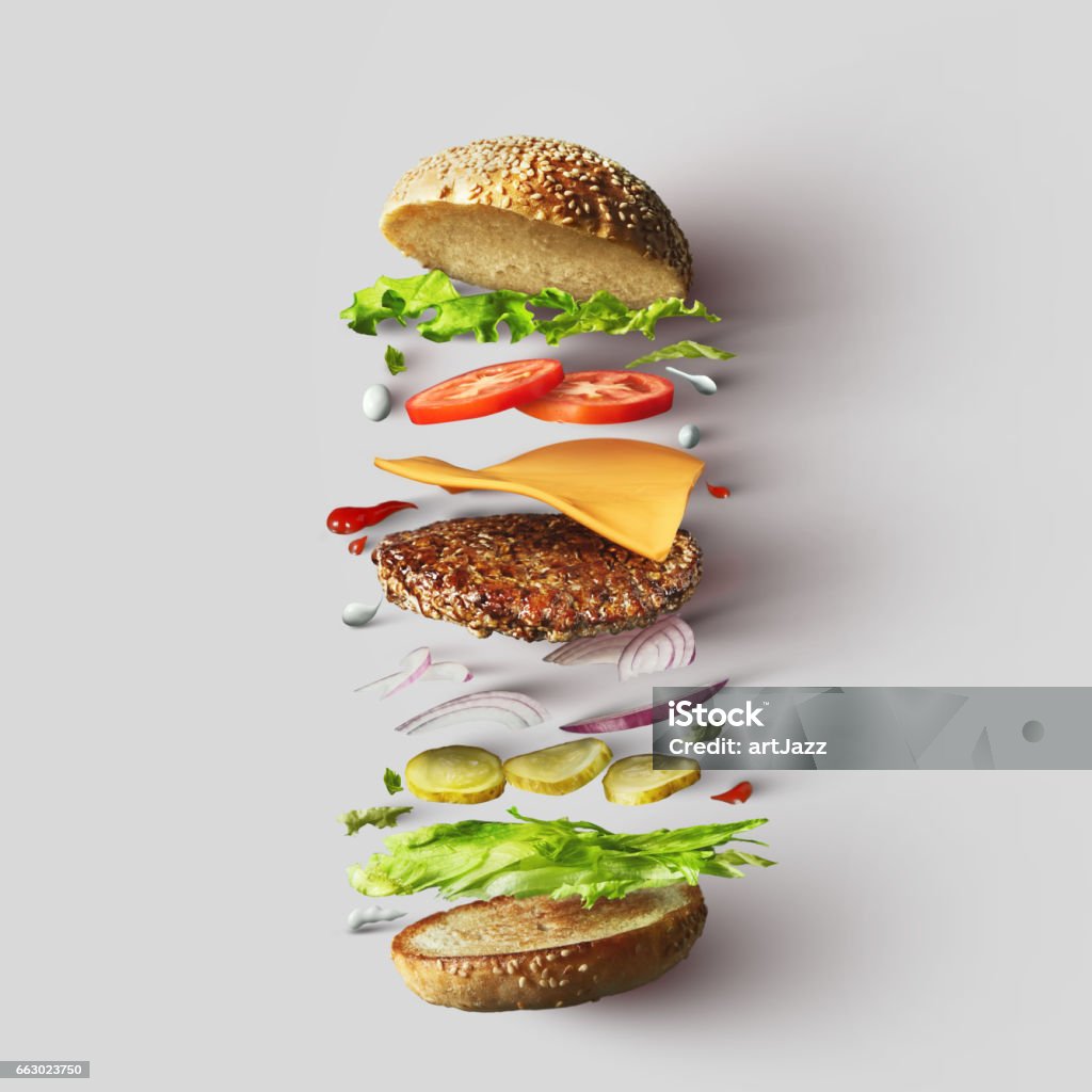 Ingredientes do hamburguer contra fundo branco - Foto de stock de Hamburguer royalty-free