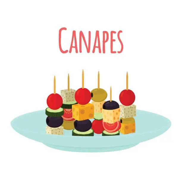 Vector illustration of Canapes, tapas on plate, dish. Cartoon flat style.