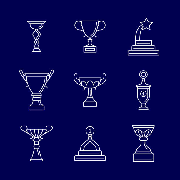 ilustrações, clipart, desenhos animados e ícones de troféu copa fina linha dos ícones. pódio linear premiado sinais vector - symbol computer icon icon set entertainment