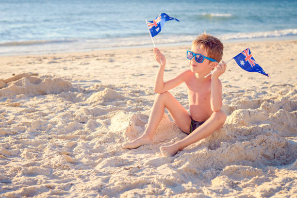 istock Boy with Australian flags on Australia day 663084822