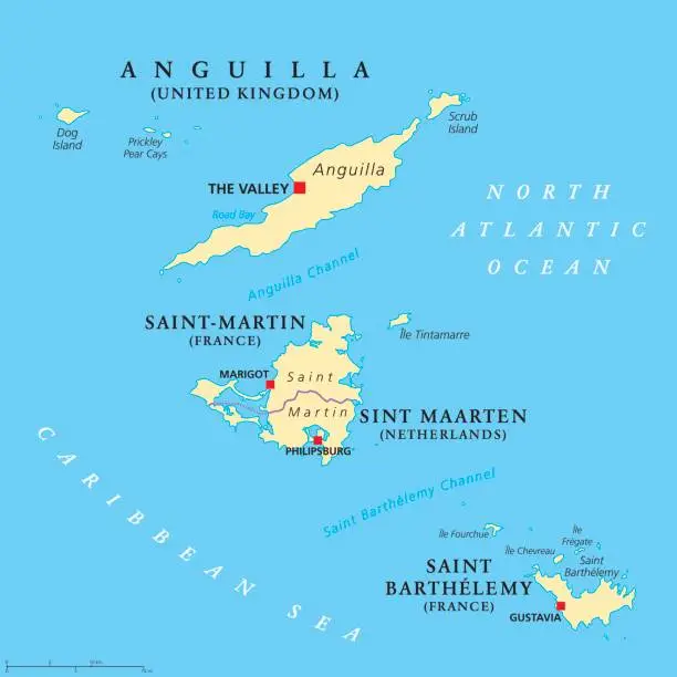 Vector illustration of Anguilla, Saint-Martin, Sint Maarten and Saint Barthelemy map