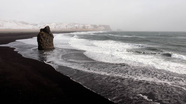 istock Black sand beach, foamy water and snowy mountain 663135396