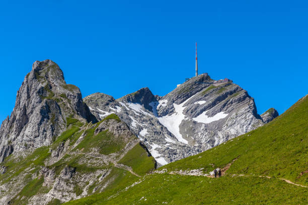 Stunning view of the peak Saentis (Santis) on the hiking path in summer,  Canton of Appenzell, Switzerland
