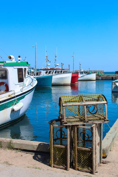 ловушки для омаров и рыбацкие лодки - fishing boat стоковые фото и изображения