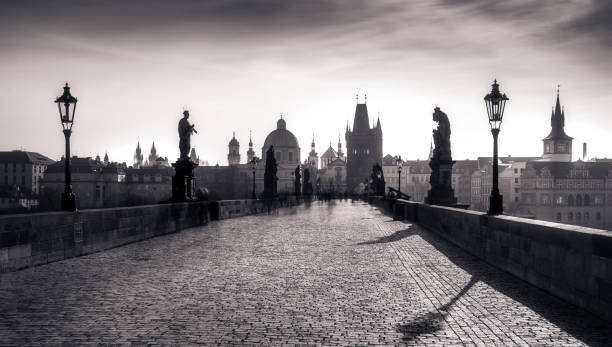 istock Panoramic monochrome view of Charles bridge in long exposure, Prague 663170526