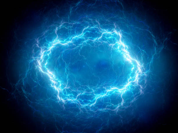 istock Blue glowing spherical high energy plasma lightning in space 663175286