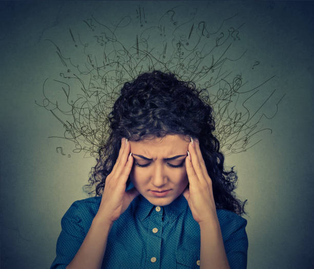 istock sad young woman with worried stressed face expression and brain melting 663181148
