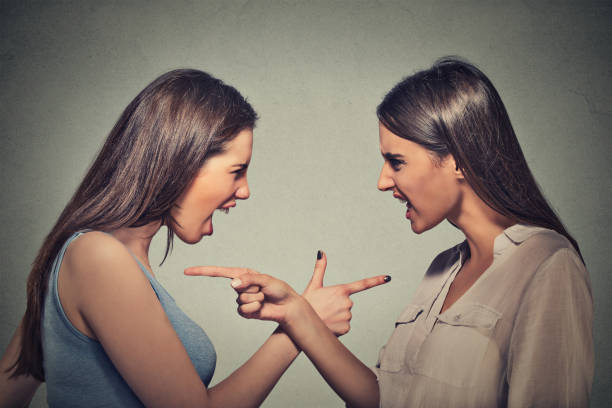istock Side profile portrait two angry upset women blaming each other 663190732