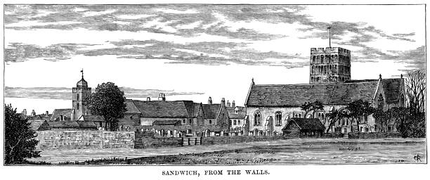 Sandwich in Kent, seen from the walls (Victorian engraving) Part of the town of Sandwich in Kent, seen from the town walls. From “Our Own Country: Descriptive, Historical, Pictorial” published by Cassell & Co Ltd, 1885. sandwich kent stock illustrations