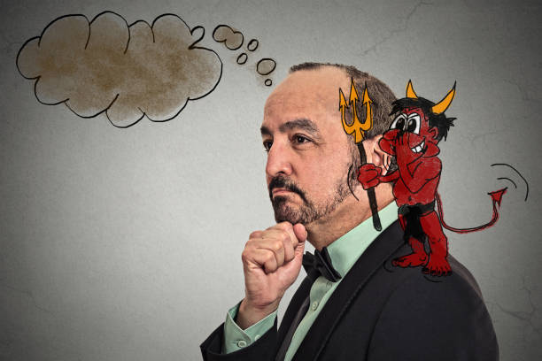 istock thoughtful middle aged guy with sketched devil on his shoulder whispering in his ear 663218620