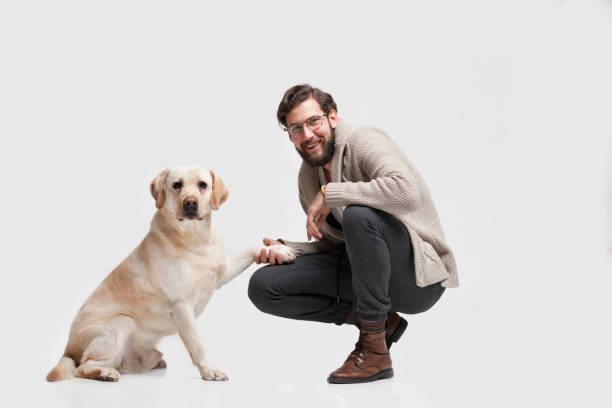 그의 강아지 래브라도와 젊은 남자 - sitting dog one person studio shot 뉴스 사진 이미지