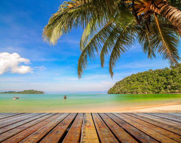 istock wooden plank under picture of beach 663245272