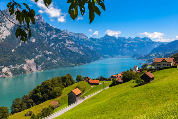 パノラマビューワレン湖とアルプス - european alps mountain mountain peak rock ストックフォトと画像