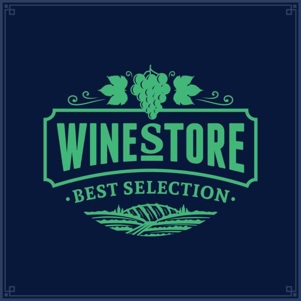 illustrazioni stock, clip art, cartoni animati e icone di tendenza di etichetta del negozio di vini vintage verde mare vettoriale su sfondo blu scuro - dark blue grapes