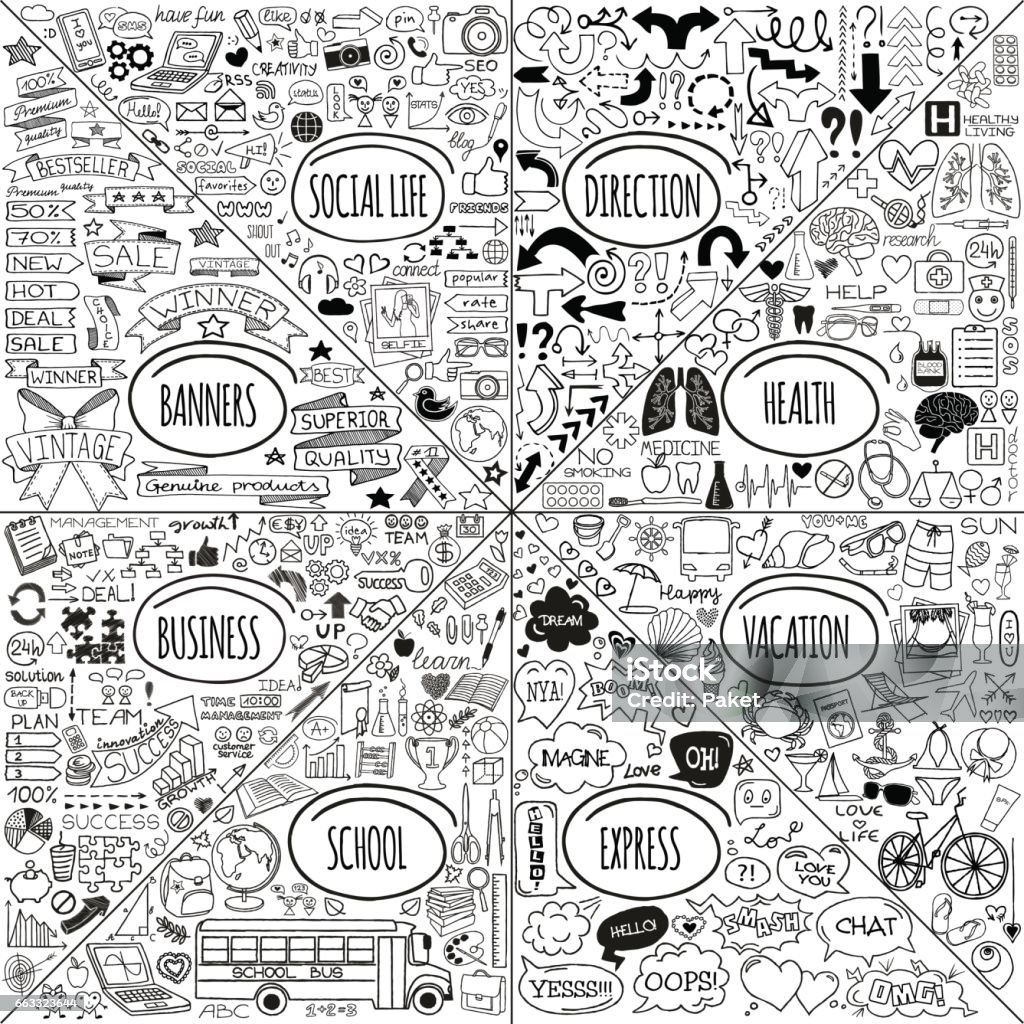 Mega doodle icons set Mega set of doodle social, business, medicine, vacation and school icons, banners, arrows and speech bubbles. Hand drawn designer elements. Vector illustration Doodle stock vector