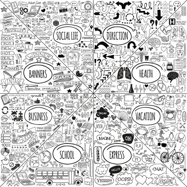 Mega doodle icons set Mega set of doodle social, business, medicine, vacation and school icons, banners, arrows and speech bubbles. Hand drawn designer elements. Vector illustration busines travel stock illustrations