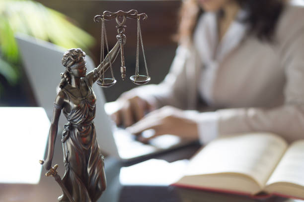 Statue of Justice and lawyer working on a laptop Statue of Justice and lawyer working on a laptop legislator photos stock pictures, royalty-free photos & images