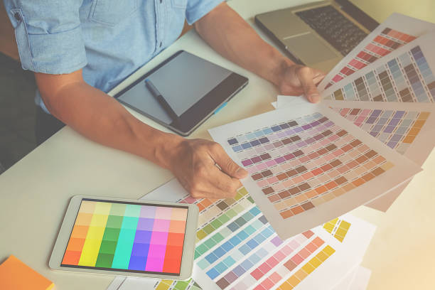 istock Graphic design and color swatches and pens on a desk. Architectural drawing with work tools and accessories. 663467030