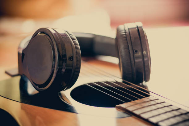 istock Music entertain headphone and guitar. 663472344